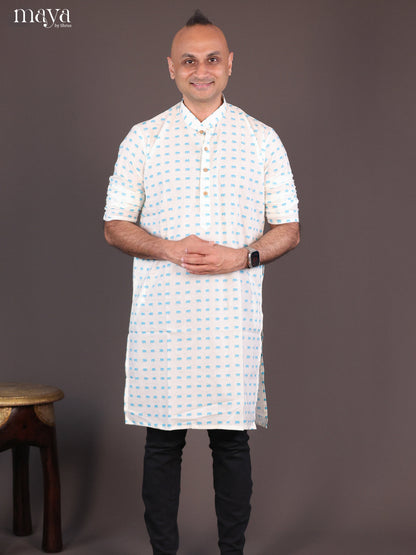 Cream Cotton Elephant Printed Long Men Kurta