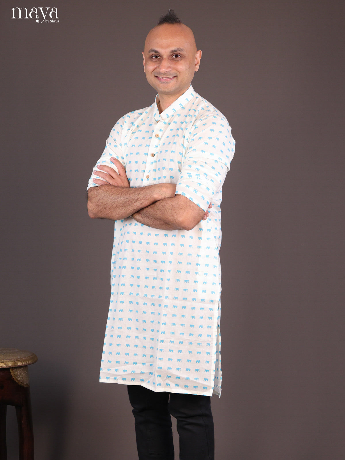 Cream Cotton Elephant Printed Long Men Kurta