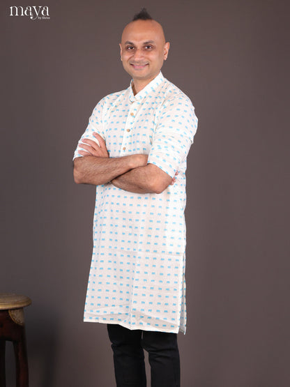 Cream Cotton Elephant Printed Long Men Kurta