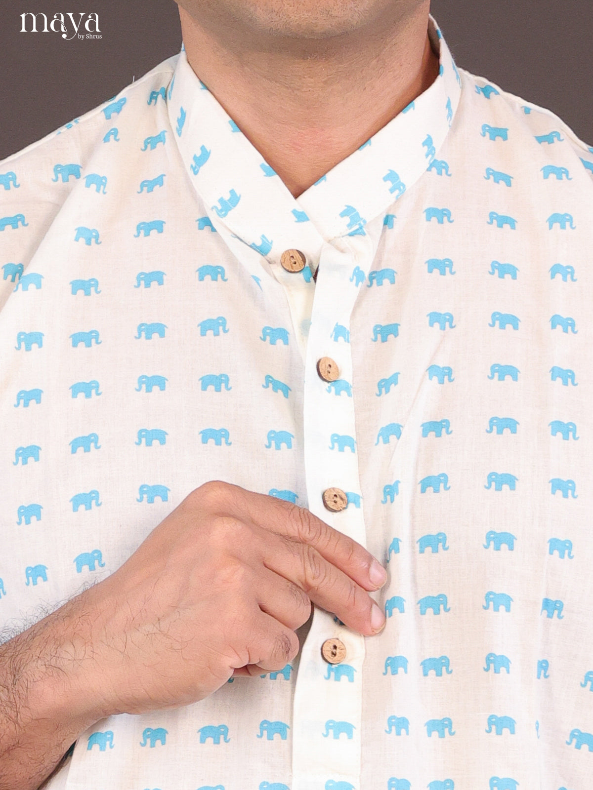 Cream Cotton Elephant Printed Long Men Kurta
