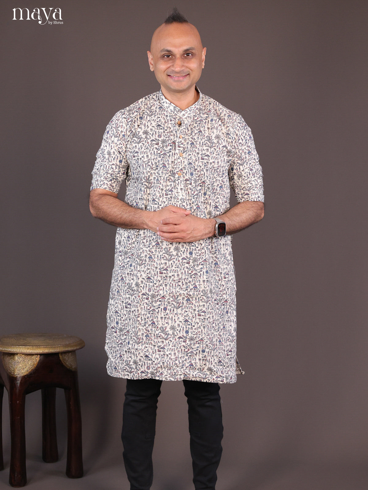 Cream Cotton Warli Printed Long Men Kurta