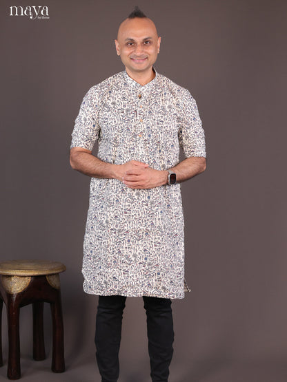 Cream Cotton Warli Printed Long Men Kurta