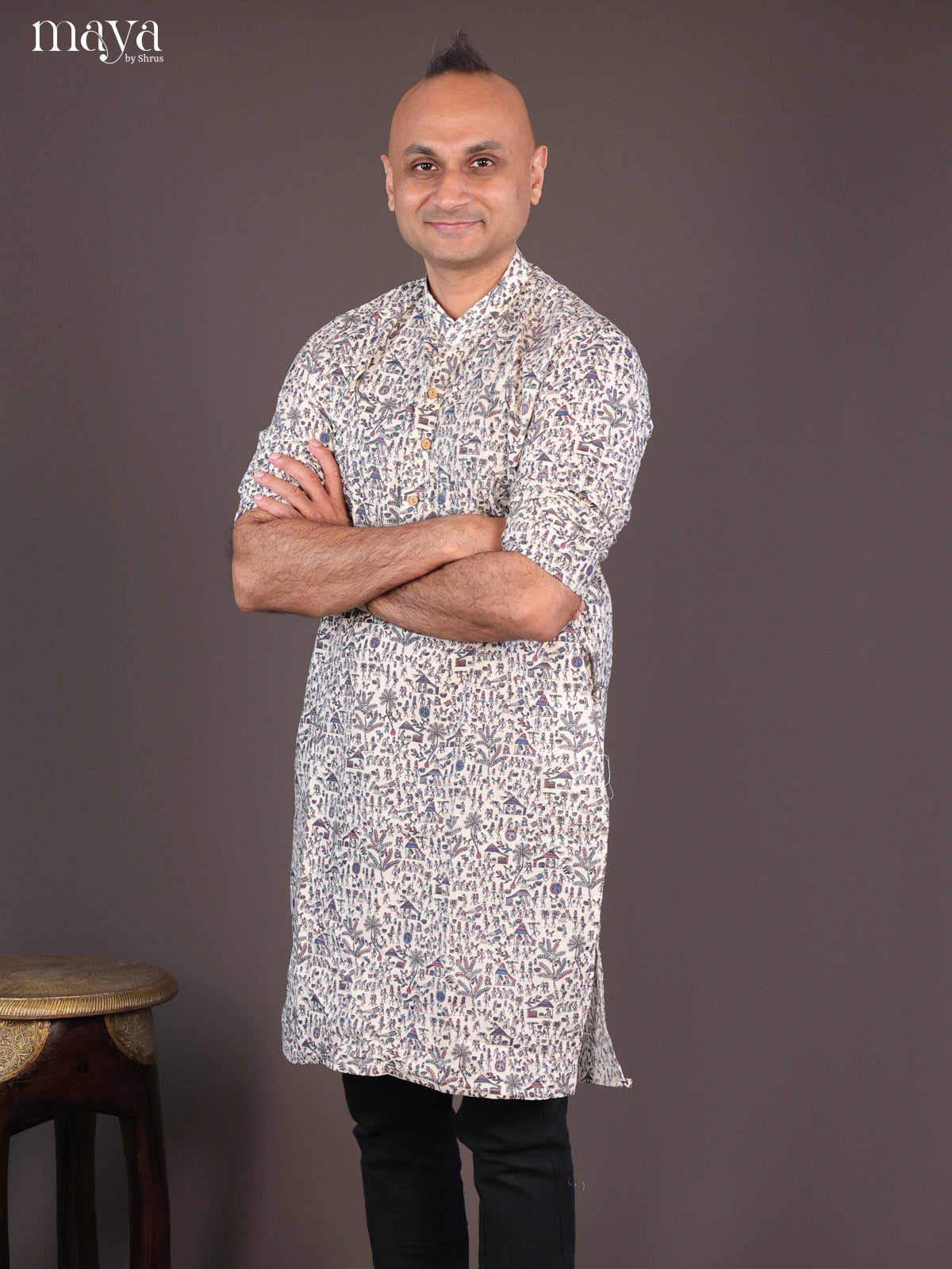 Cream Cotton Warli Printed Long Men Kurta