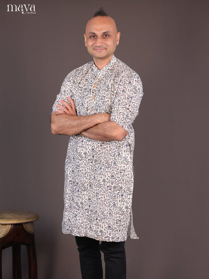 Cream Cotton Warli Printed Long Men Kurta