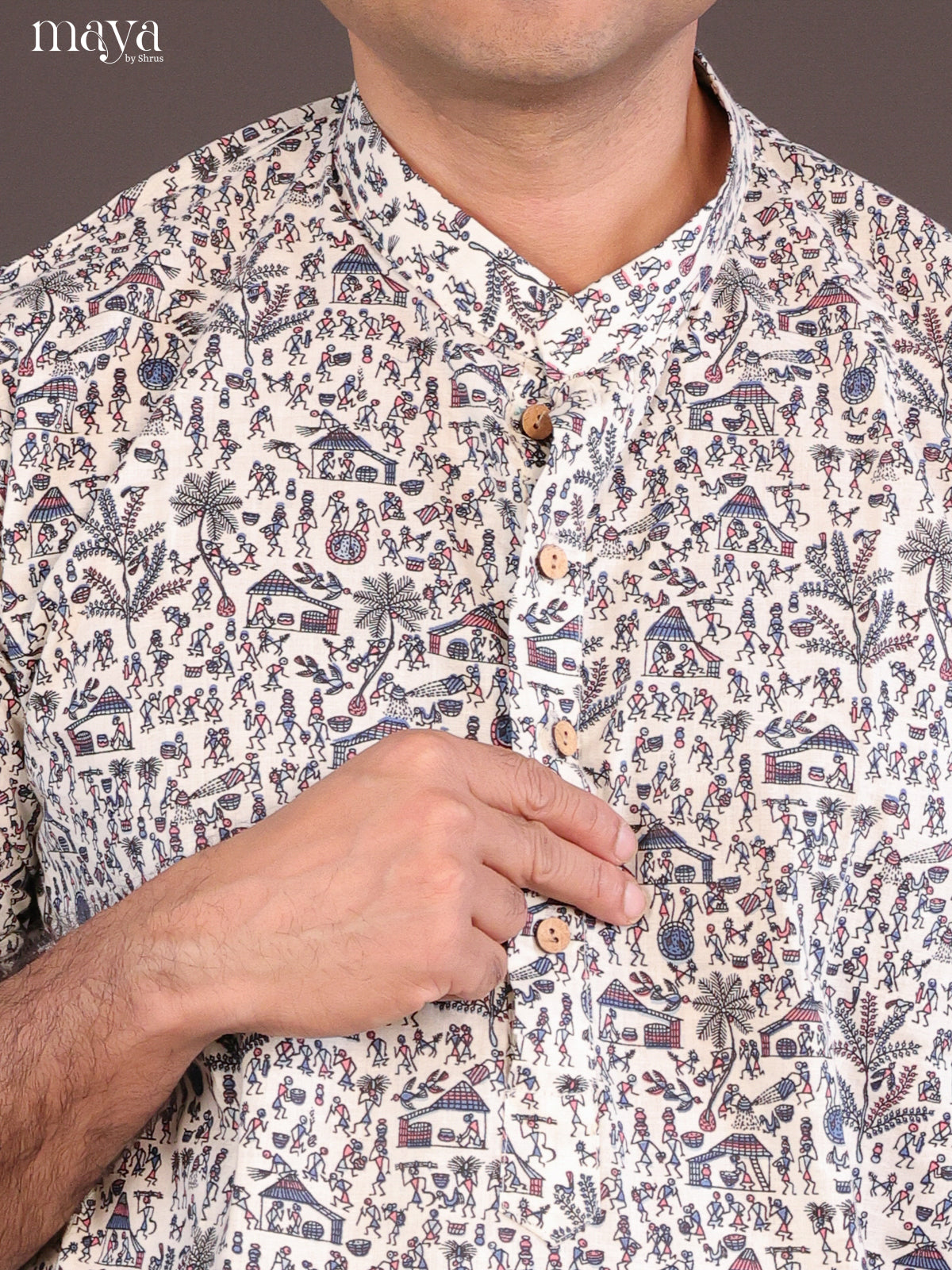Cream Cotton Warli Printed Long Men Kurta