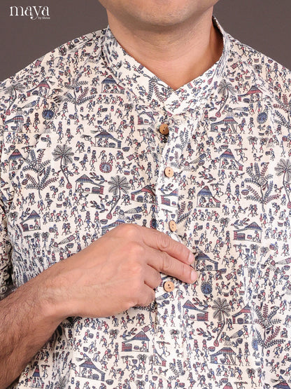 Cream Cotton Warli Printed Long Men Kurta