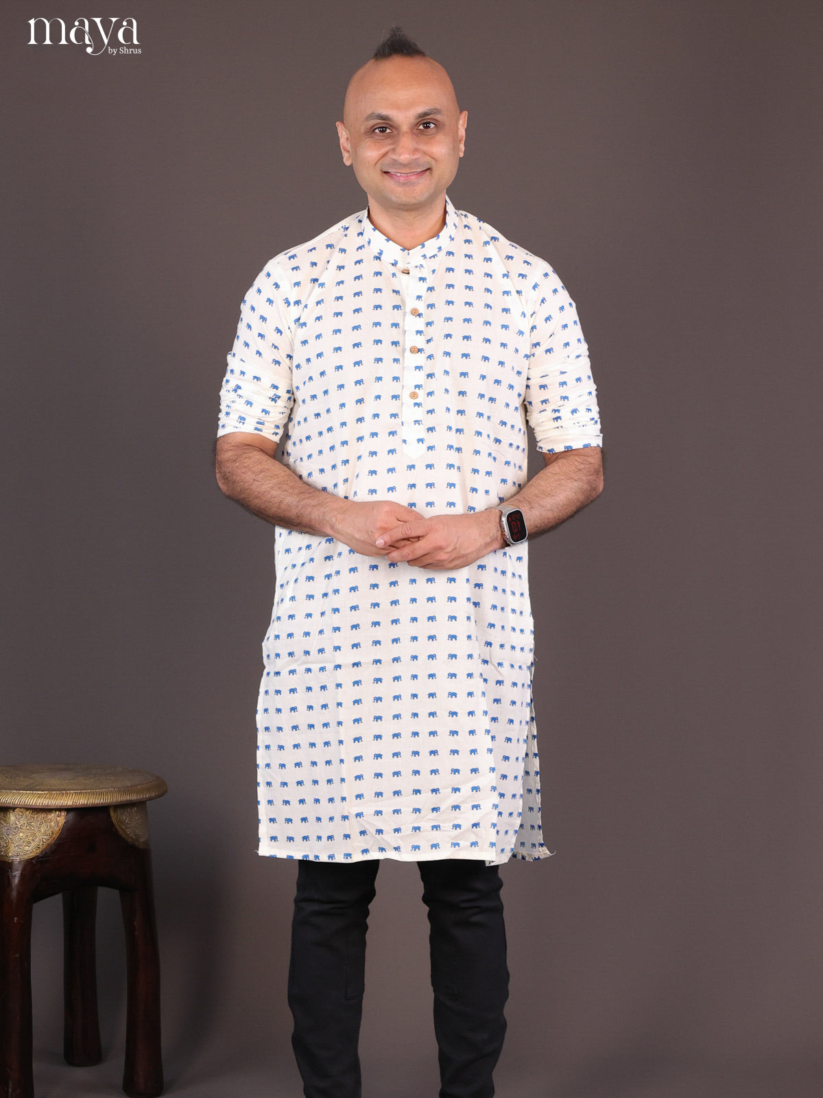 Cream Cotton Elephant Printed Long Men Kurta