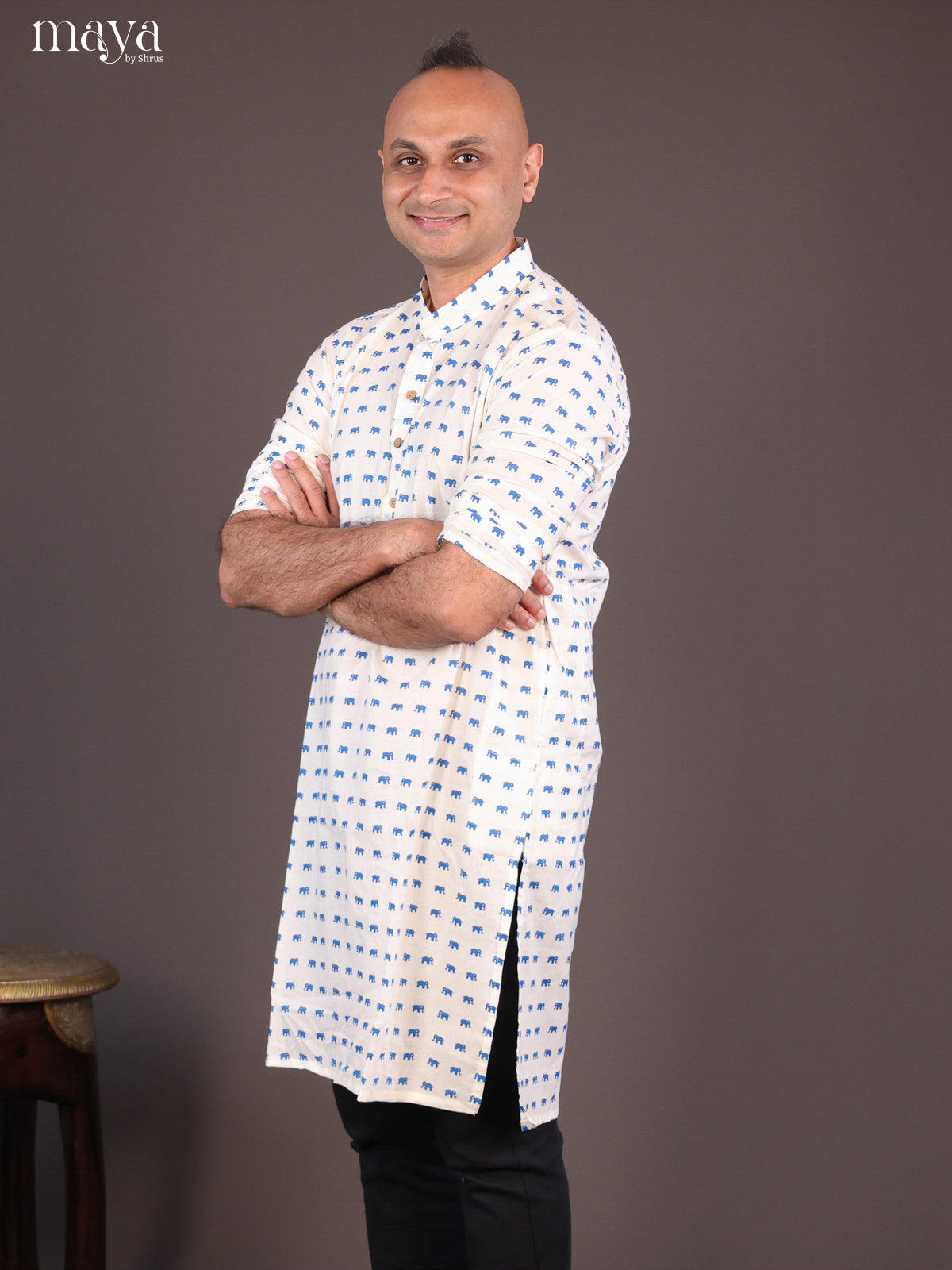 Cream Cotton Elephant Printed Long Men Kurta