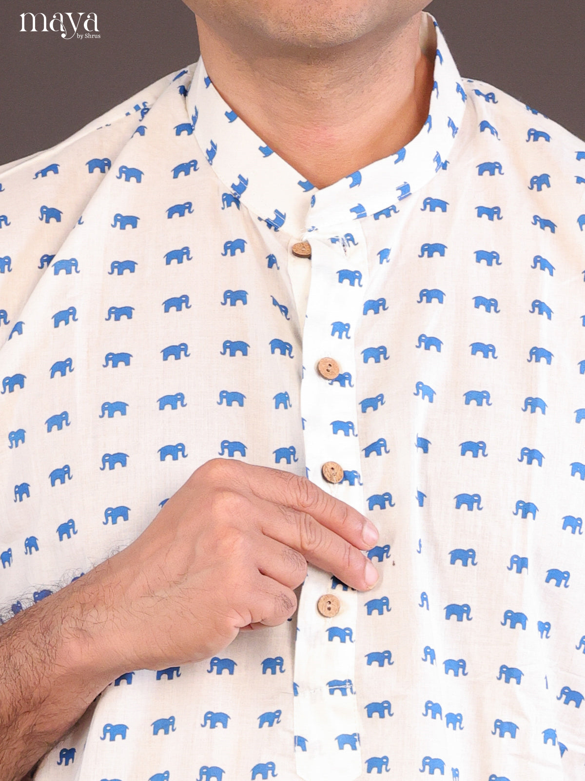 Cream Cotton Elephant Printed Long Men Kurta