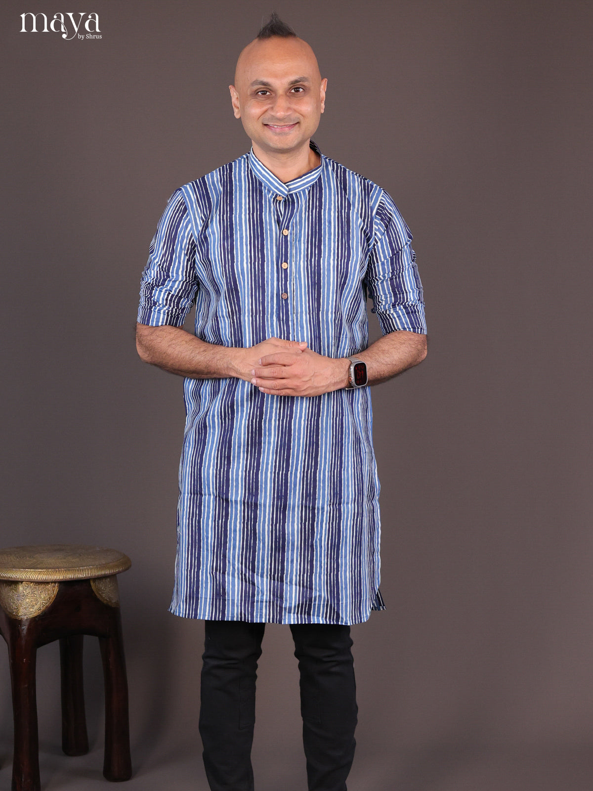 Cream Cotton Block Printed Long Men Kurta