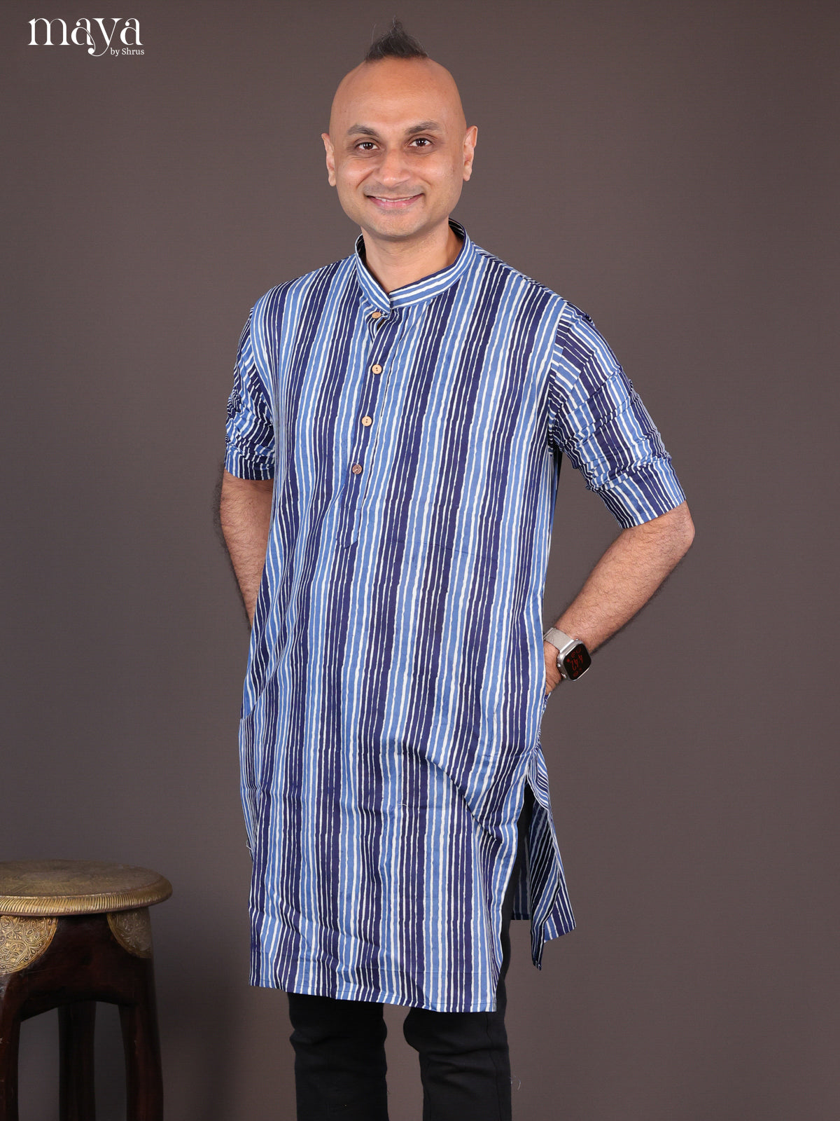 Cream Cotton Block Printed Long Men Kurta