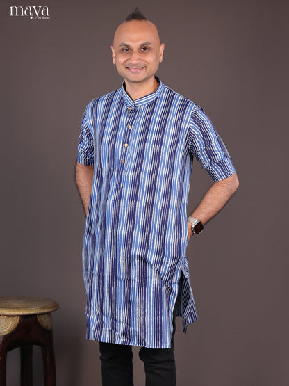 Cream Cotton Block Printed Long Men Kurta