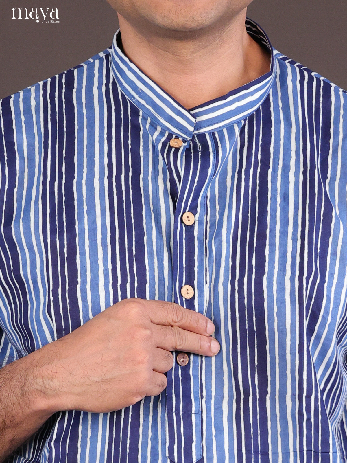 Cream Cotton Block Printed Long Men Kurta