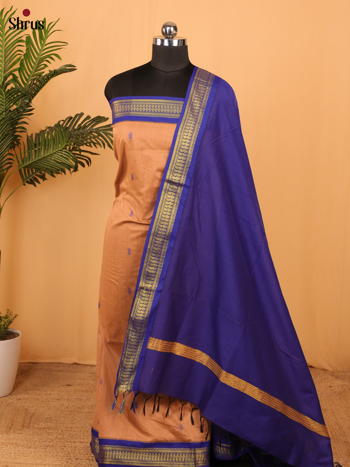 Peach with Blue - Kalyani Cotton unstitched Top & Dupatta- MDA10002