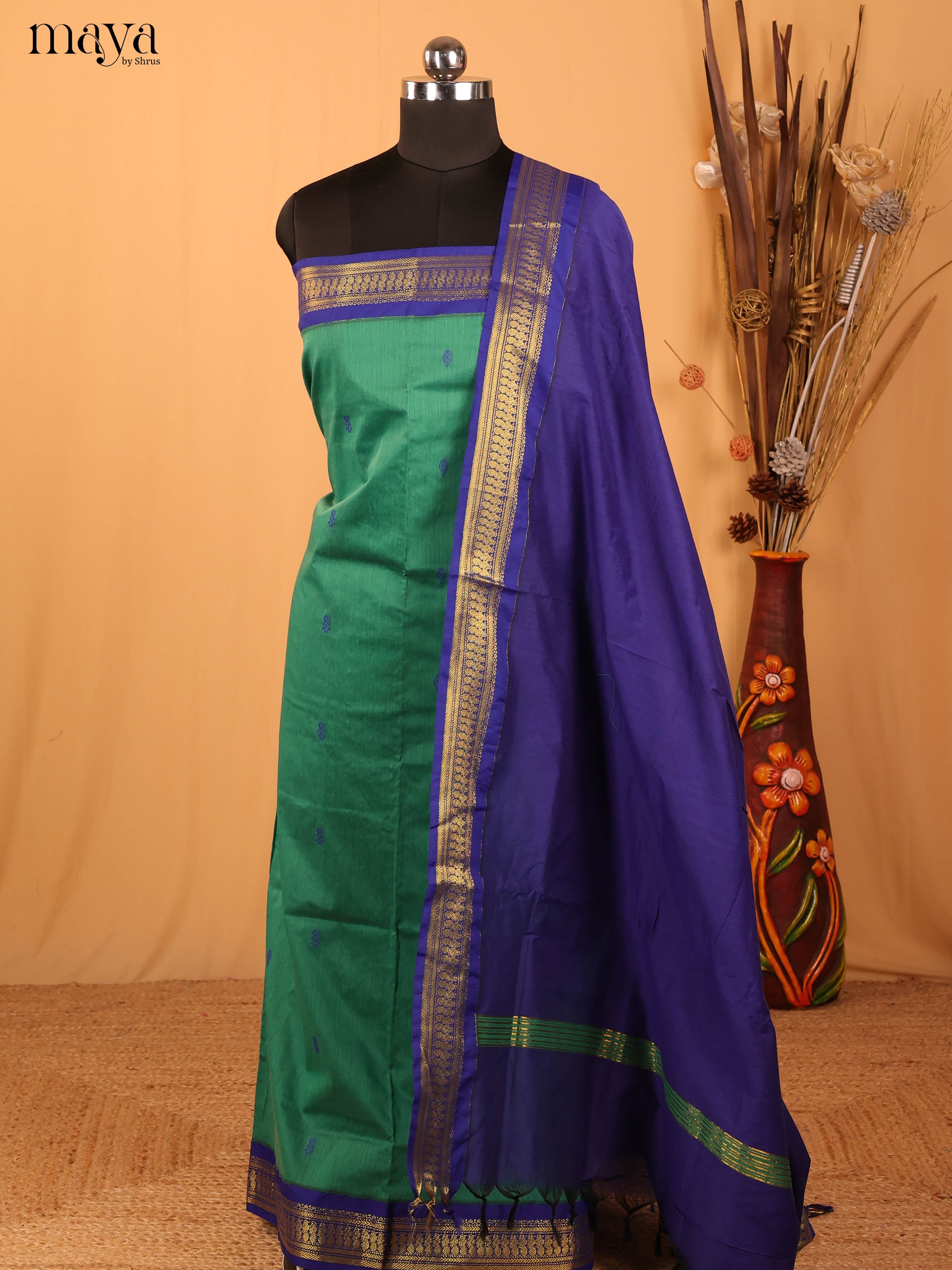 Teal Green & Blue Kalyani Cotton Unstitched Top & Dupatta - MDA10004
