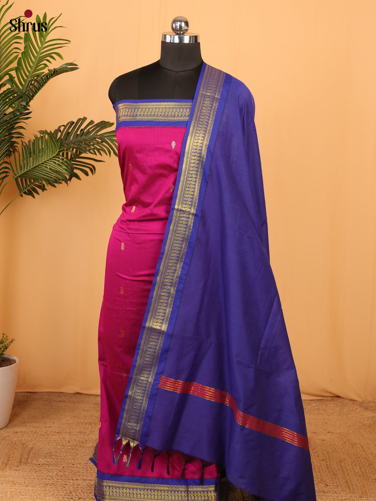 Majenta Pink & Blue   - Kalyani Cotton unstitched Top & Dupatta- MDA10005
