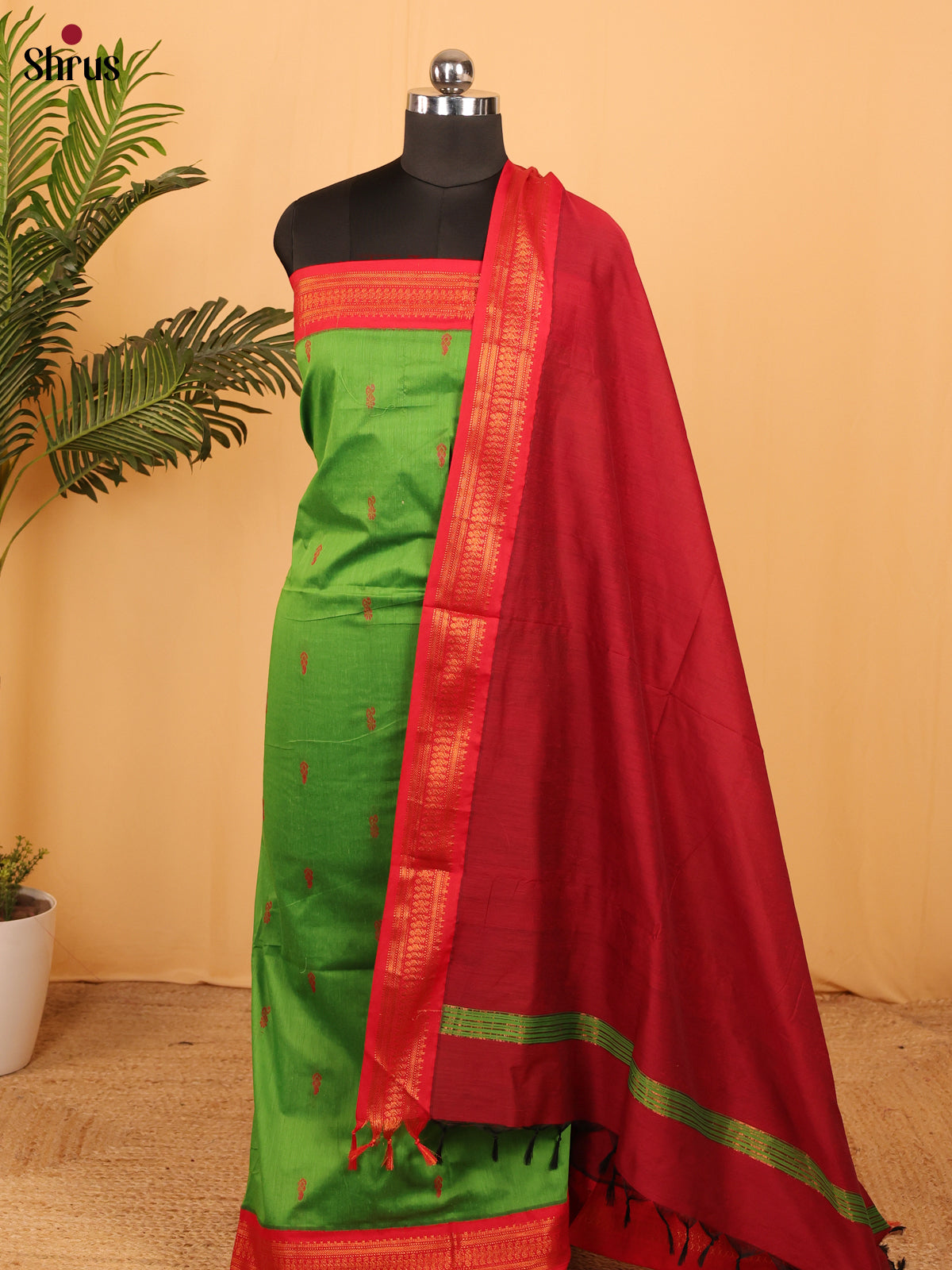 Green & Red - Kalyani Cotton Unstitched Top & Dupatta - MDA10006