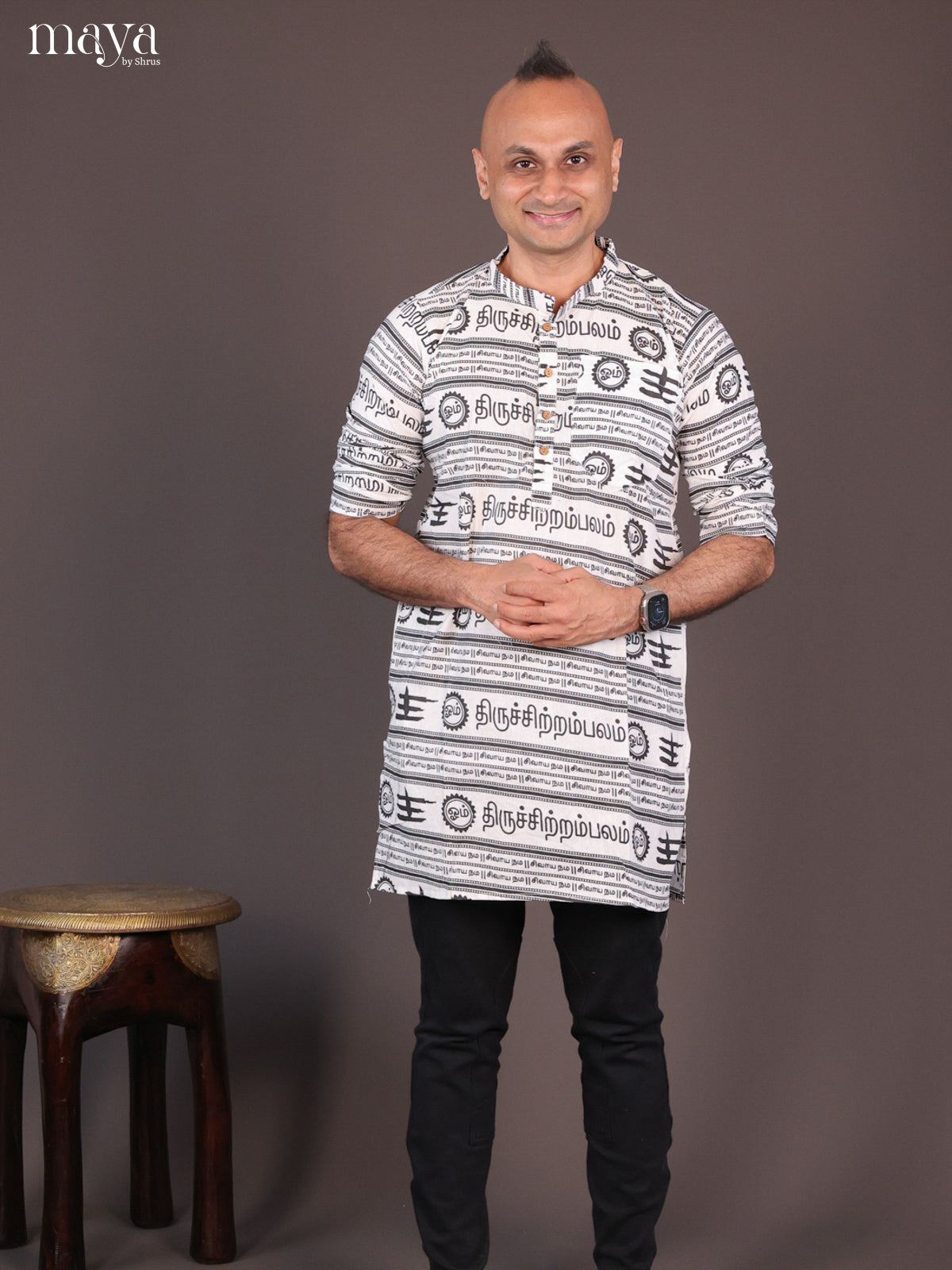 White Cotton Divine printed Short Men Kurta