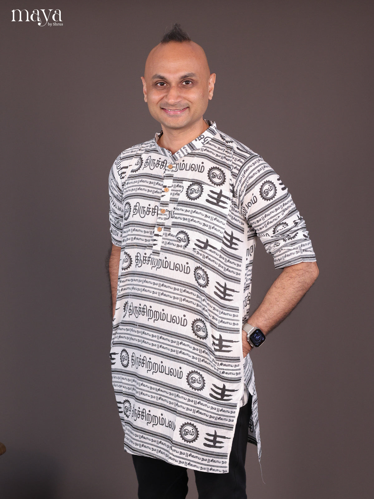 White Cotton Divine printed Short Men Kurta