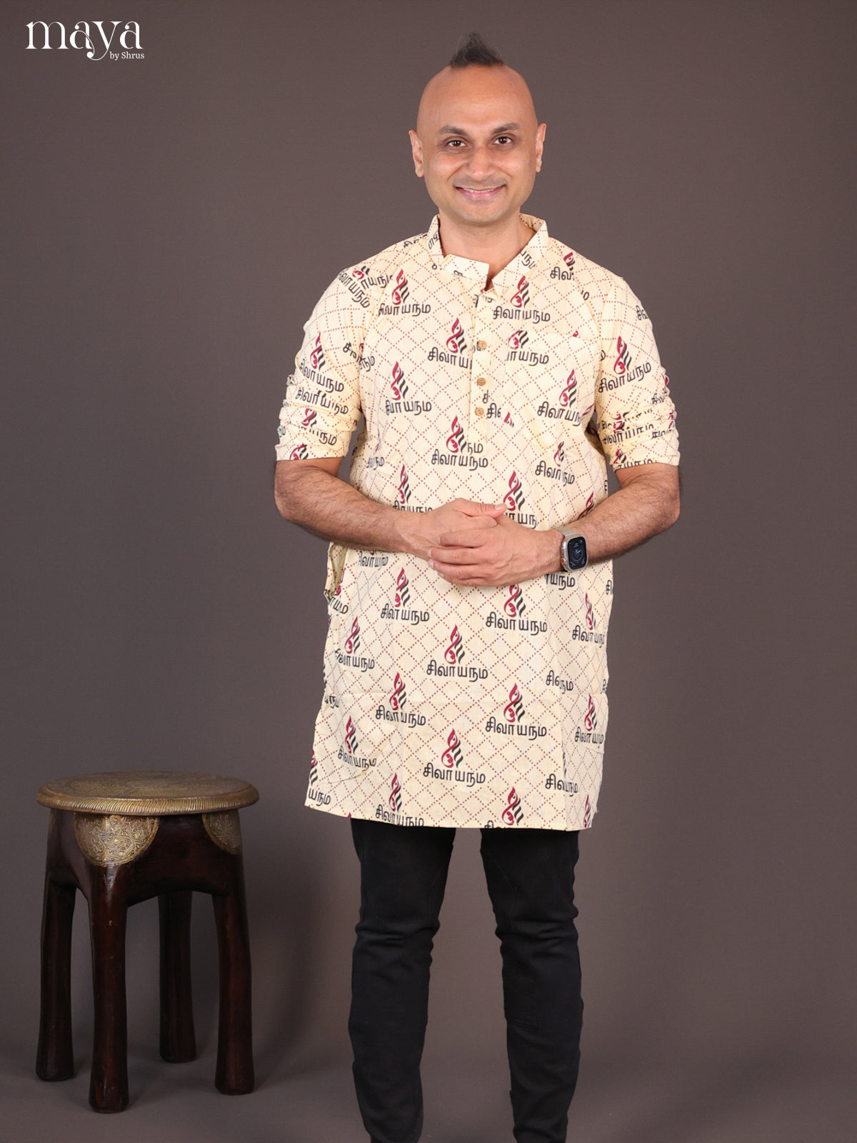 Yellow Cotton Divine Printed Short Men Kurta