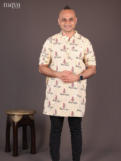 Yellow Cotton Divine Printed Short Men Kurta