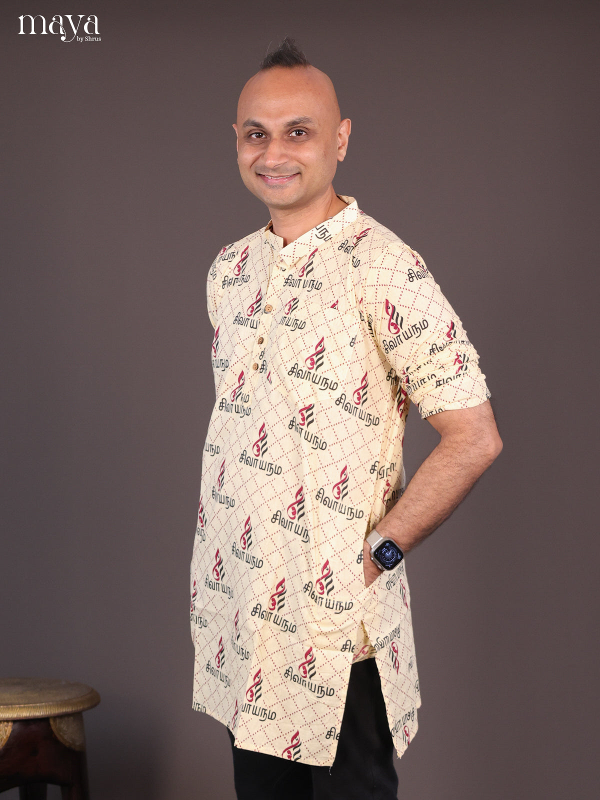 Yellow Cotton Divine Printed Short Men Kurta