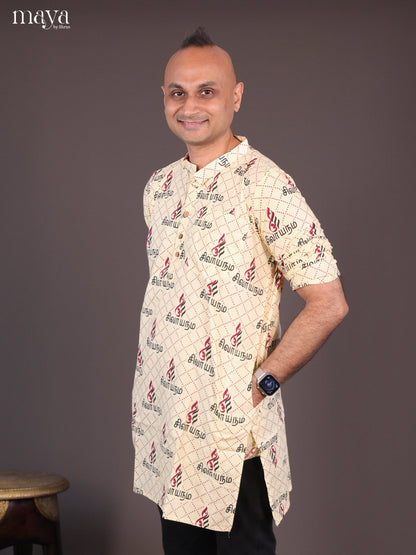 Yellow Cotton Divine Printed Short Men Kurta