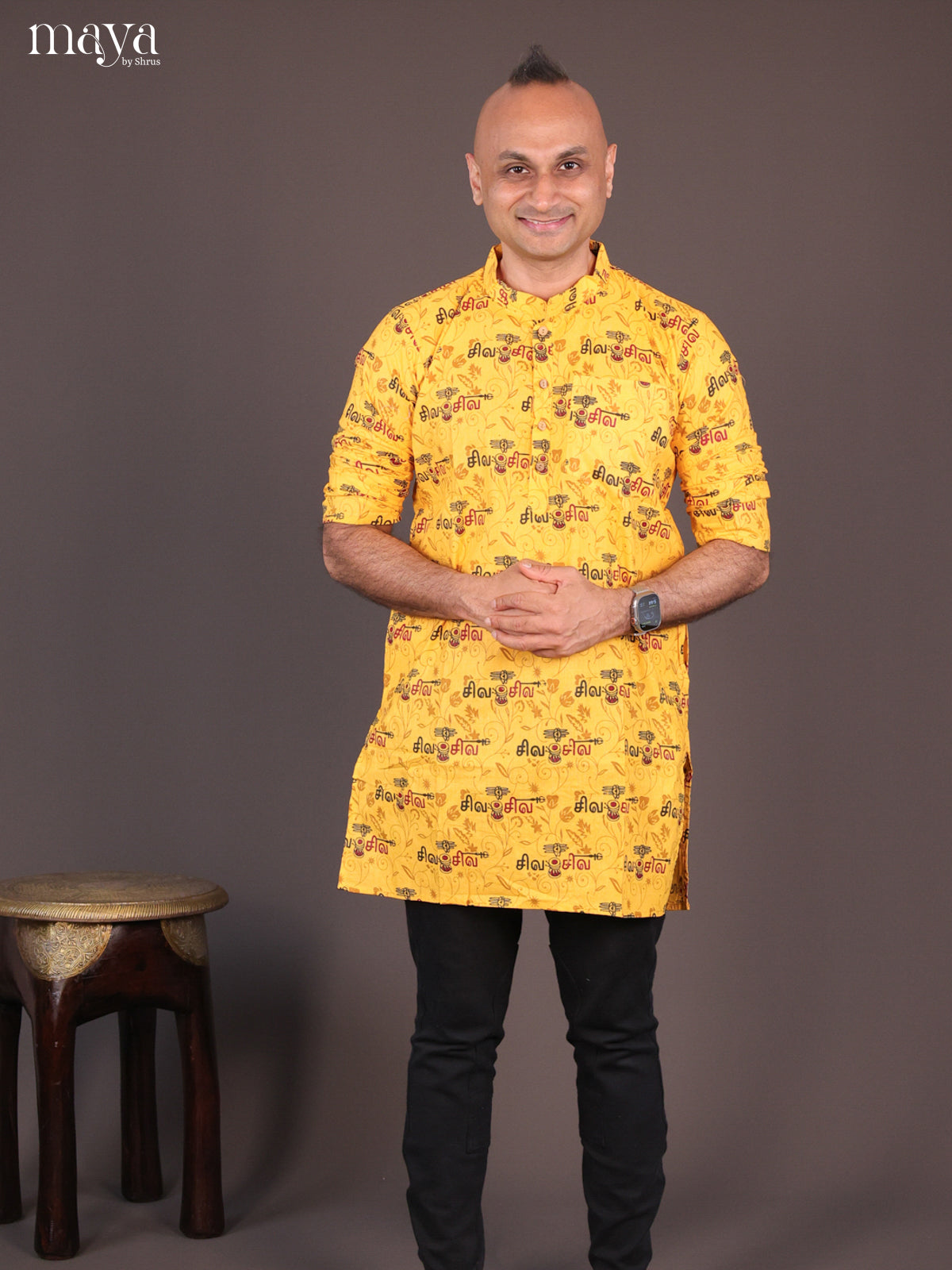Yellow Cotton Divine Printed Short Men Kurta