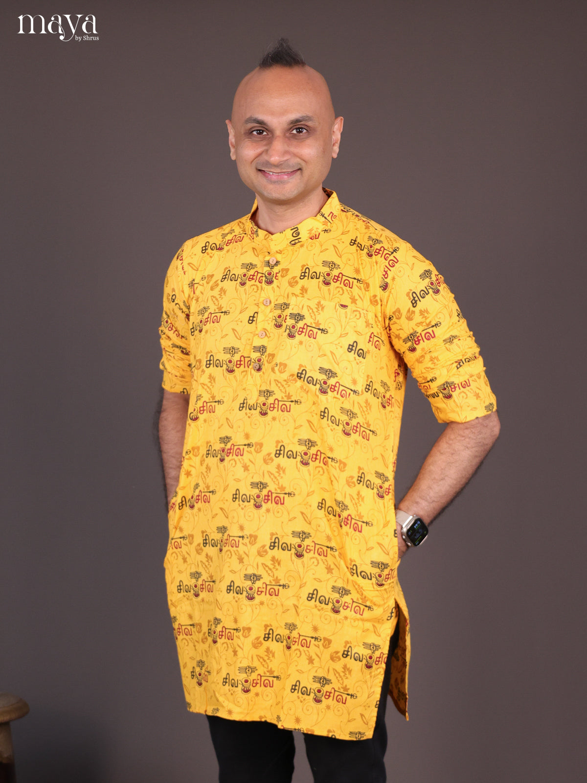 Yellow Cotton Divine Printed Short Men Kurta