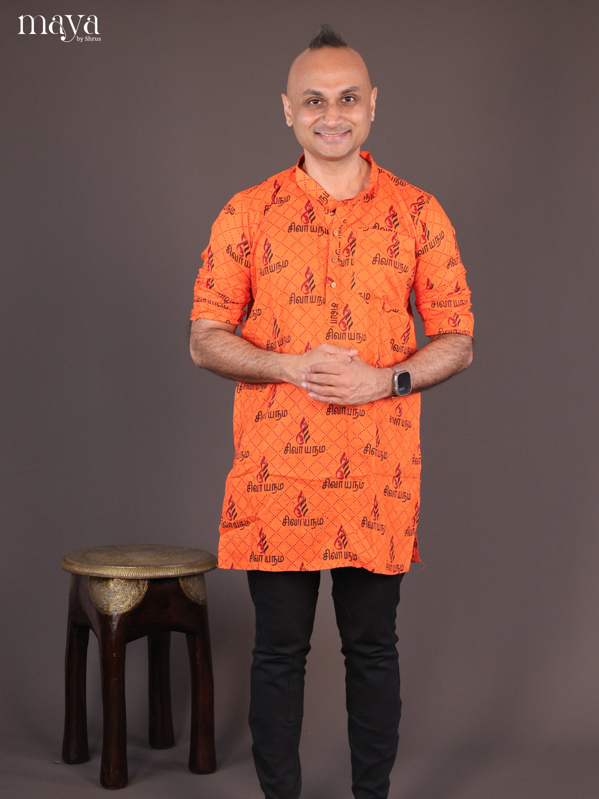 Orange Cotton Divine Printed Short Men Kurta