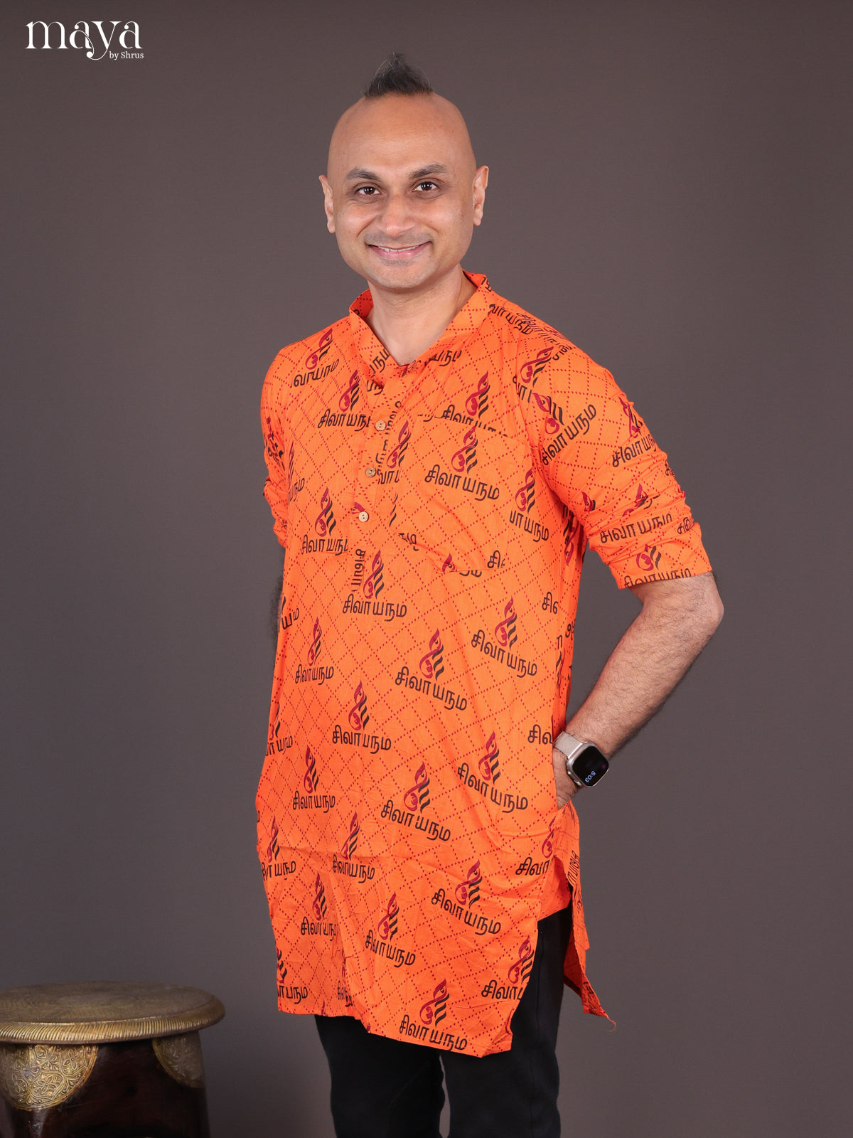 Orange Cotton Divine Printed Short Men Kurta