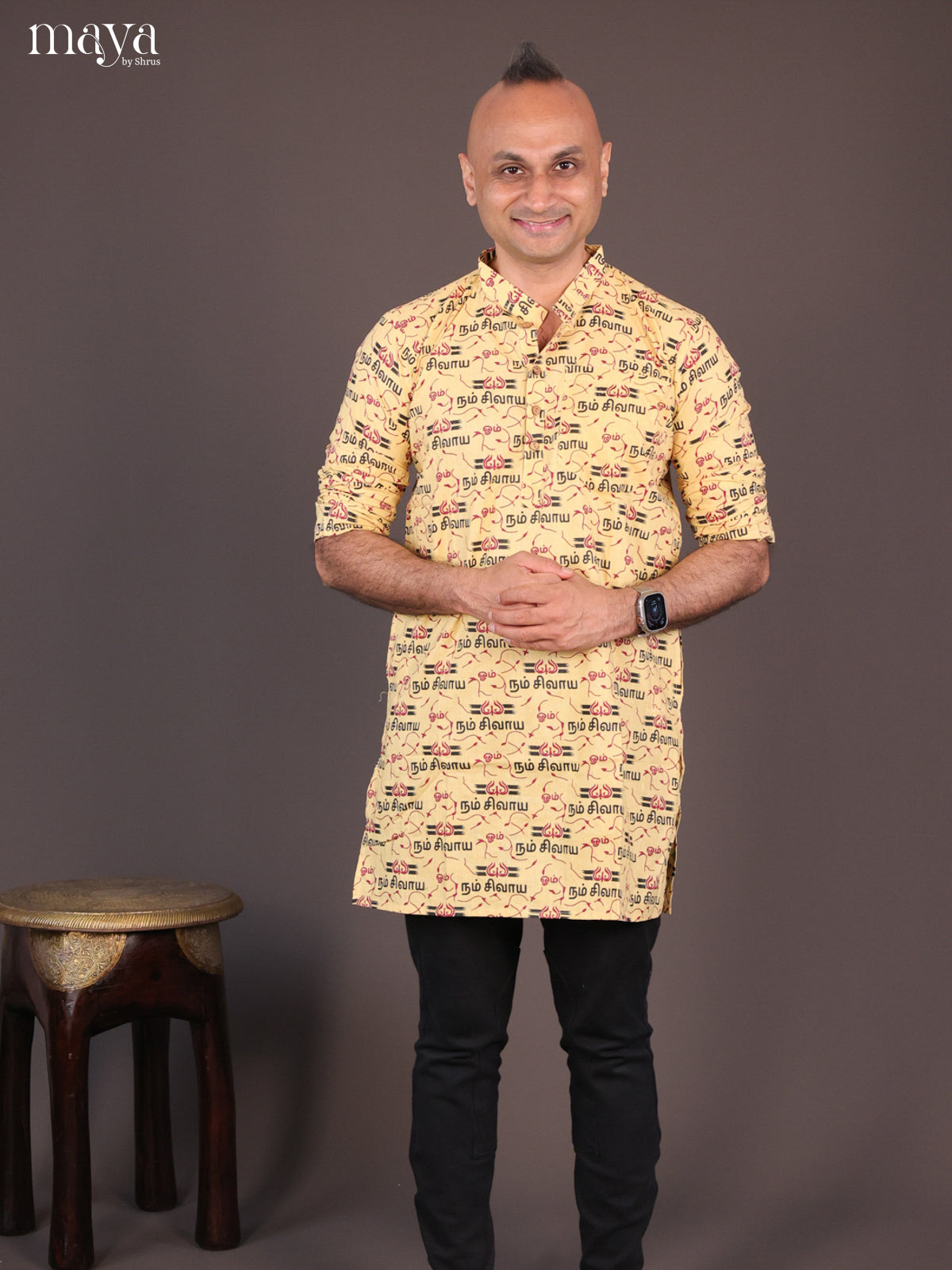 Yellow Cotton Divine Printed Short Men Kurta