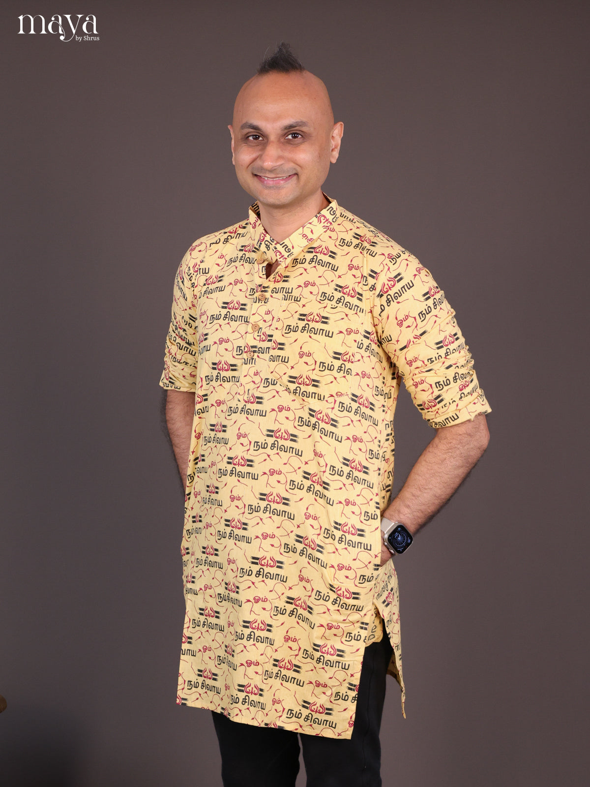 Yellow Cotton Divine Printed Short Men Kurta