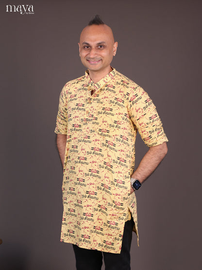 Yellow Cotton Divine Printed Short Men Kurta