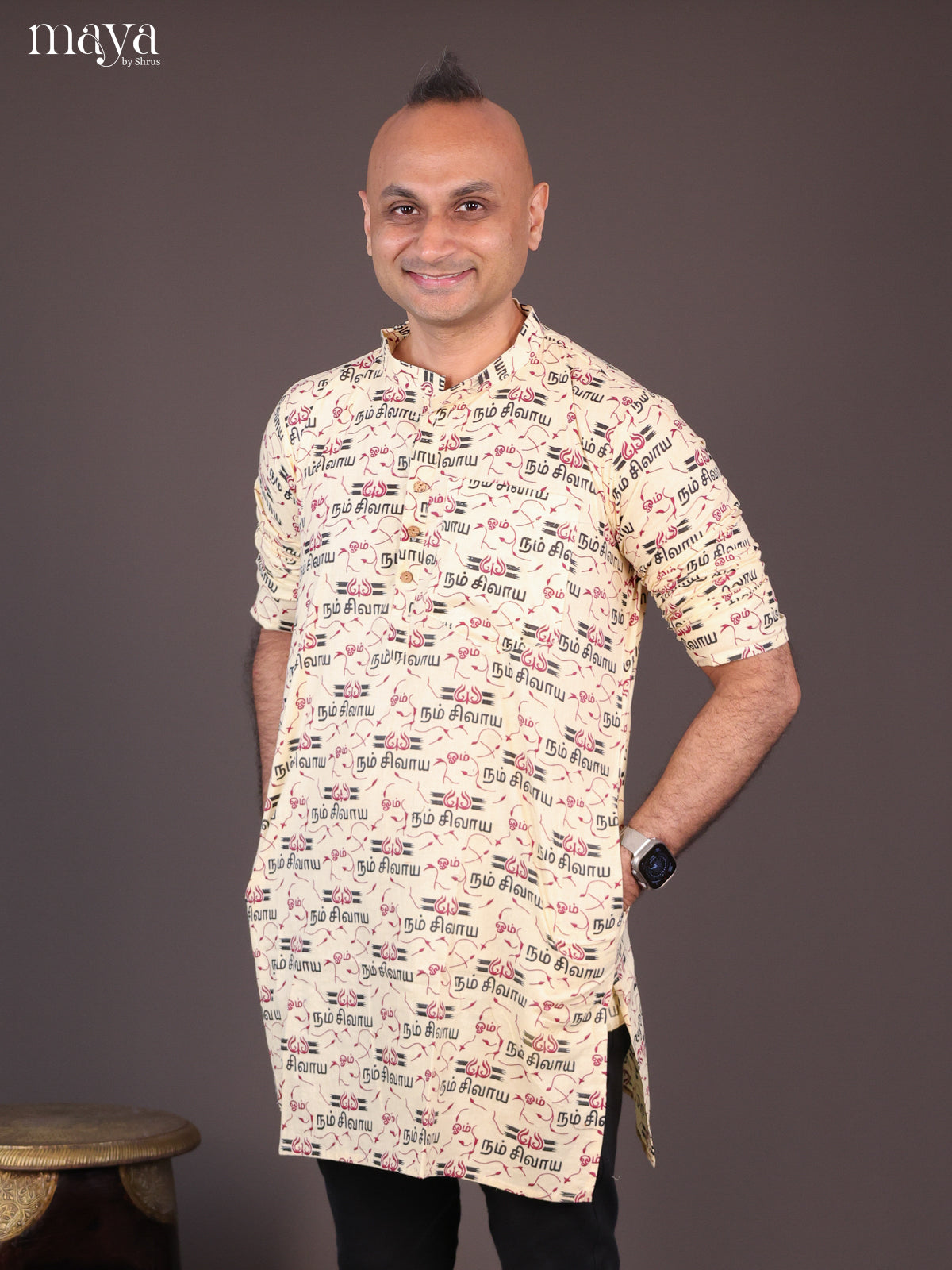 Yellow Cotton Divine Printed Short Men Kurta