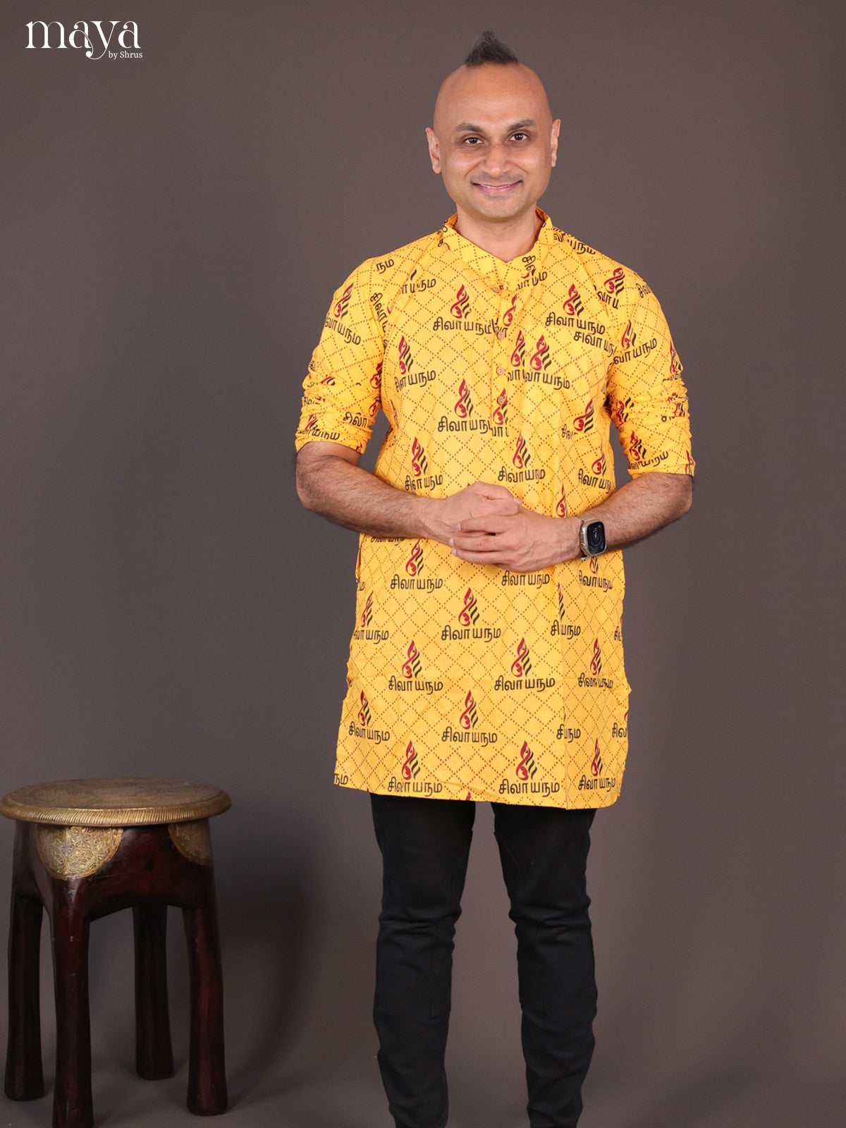 Yellow Cotton Divine Printed Short Men Kurta