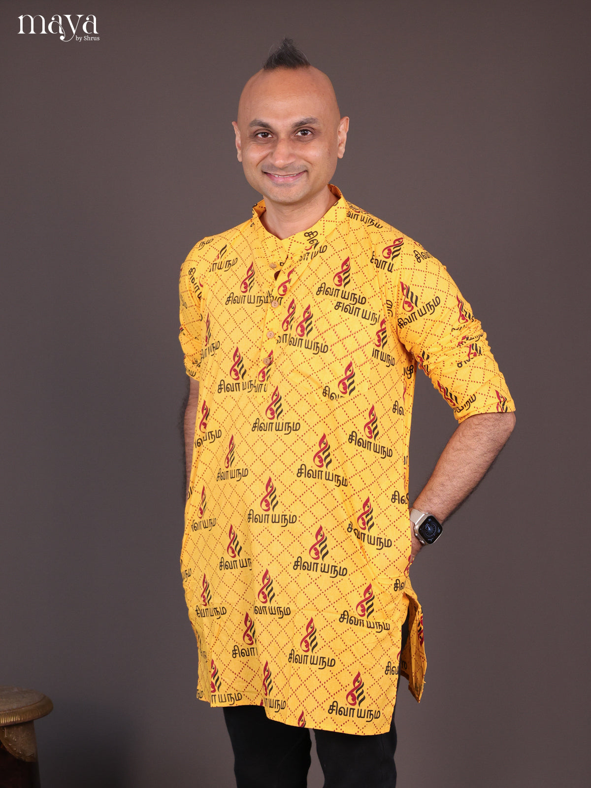 Yellow Cotton Divine Printed Short Men Kurta