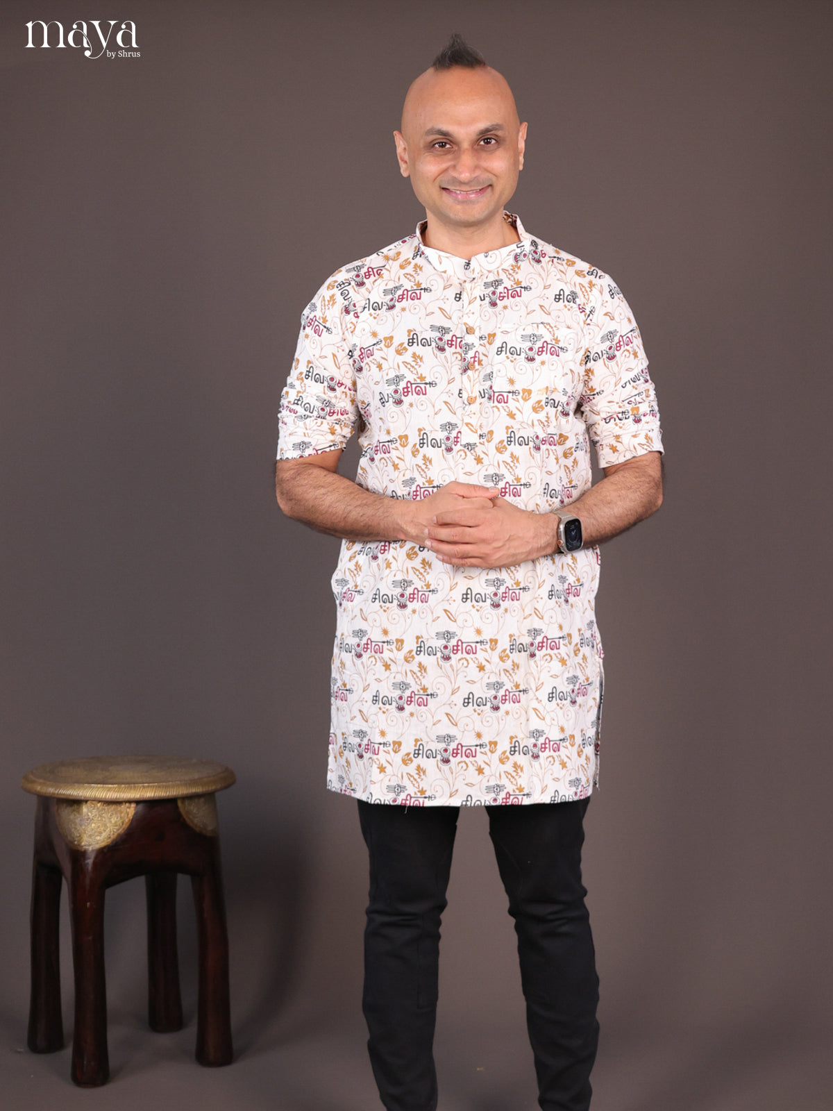 White Cotton Divine printed Short Men Kurta