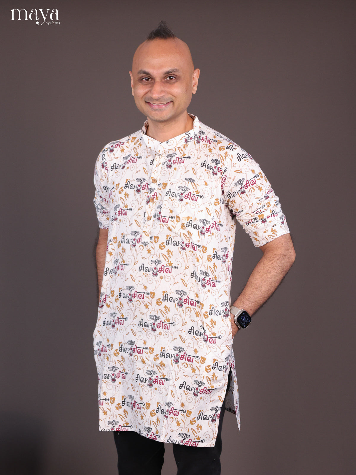 White Cotton Divine printed Short Men Kurta