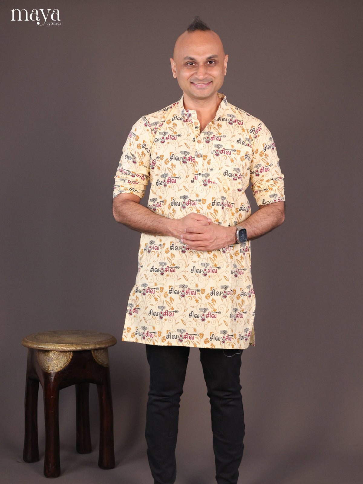 Cream Cotton Divine Printed Short Men Kurta