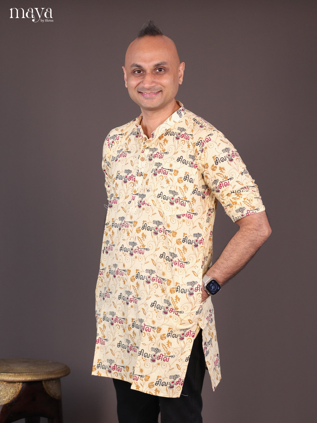 Cream Cotton Divine Printed Short Men Kurta