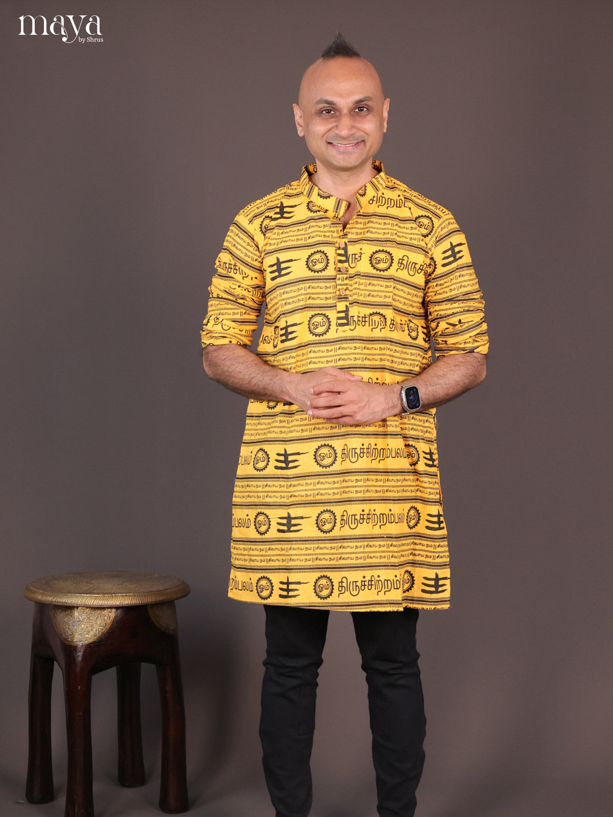 Yellow Cotton Divine Printed Short Men Kurta