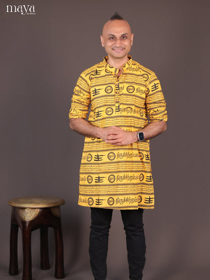 Yellow Cotton Divine Printed Short Men Kurta