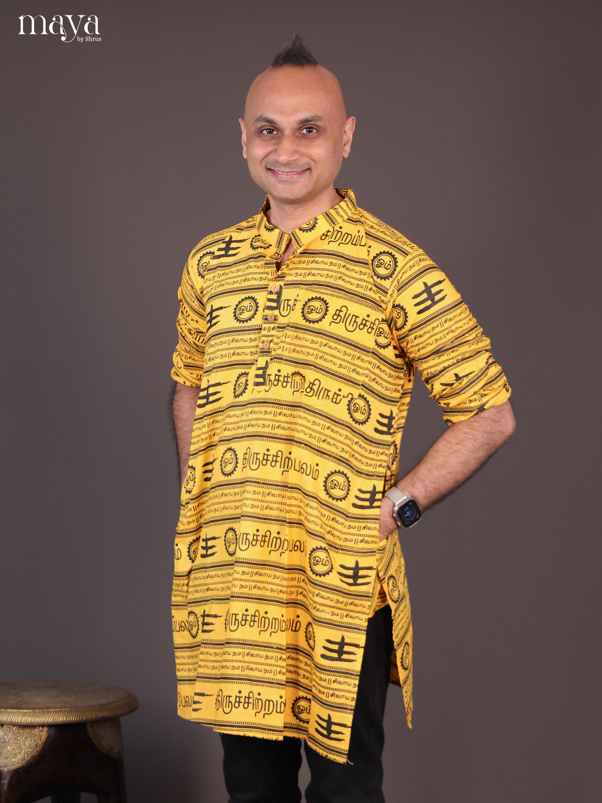 Yellow Cotton Divine Printed Short Men Kurta