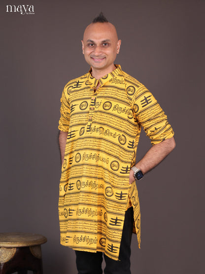 Yellow Cotton Divine Printed Short Men Kurta
