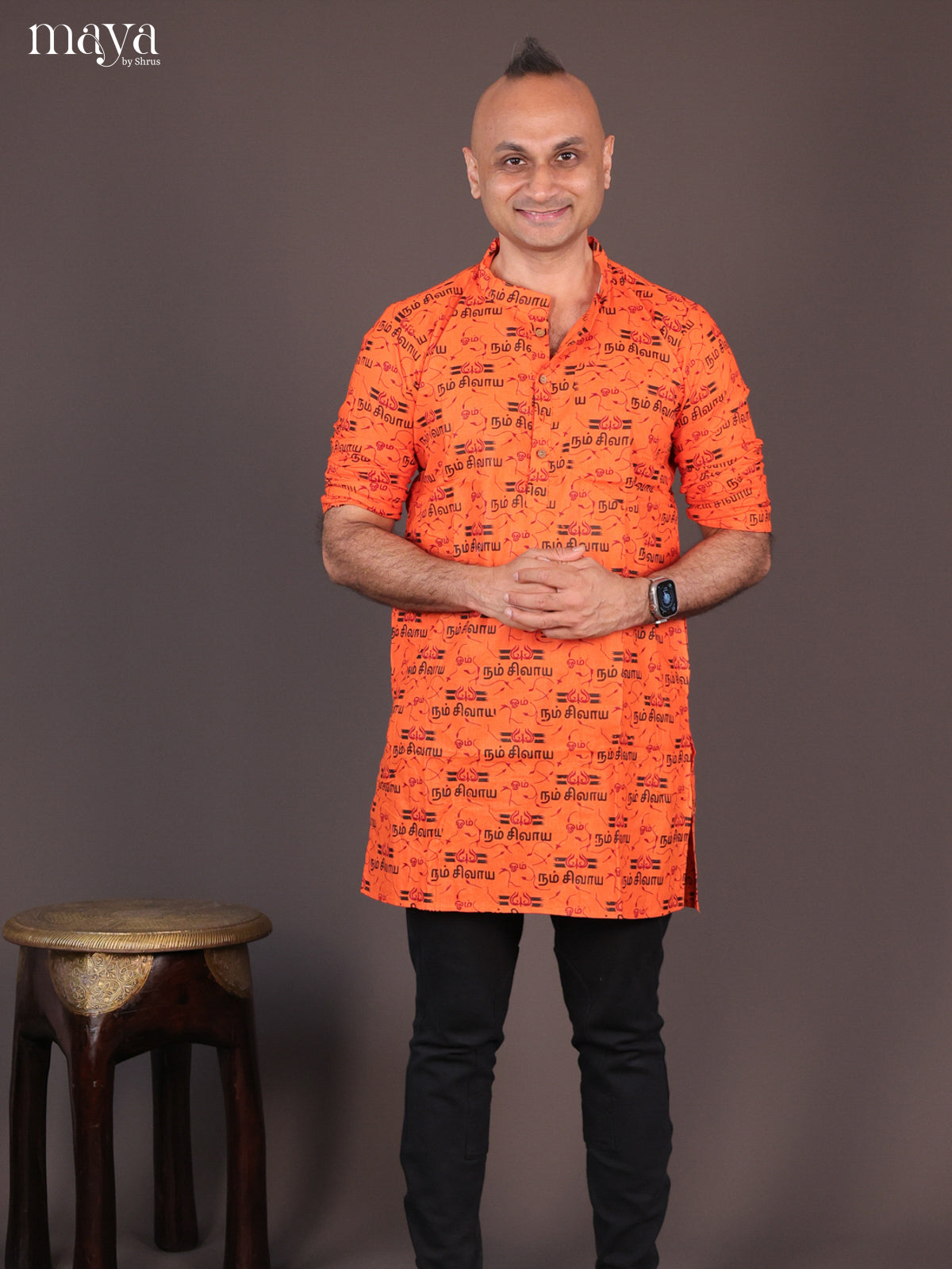 Orange Cotton Divine Printed Short Men Kurta