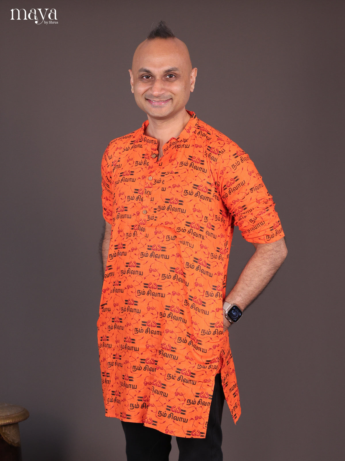 Orange Cotton Divine Printed Short Men Kurta