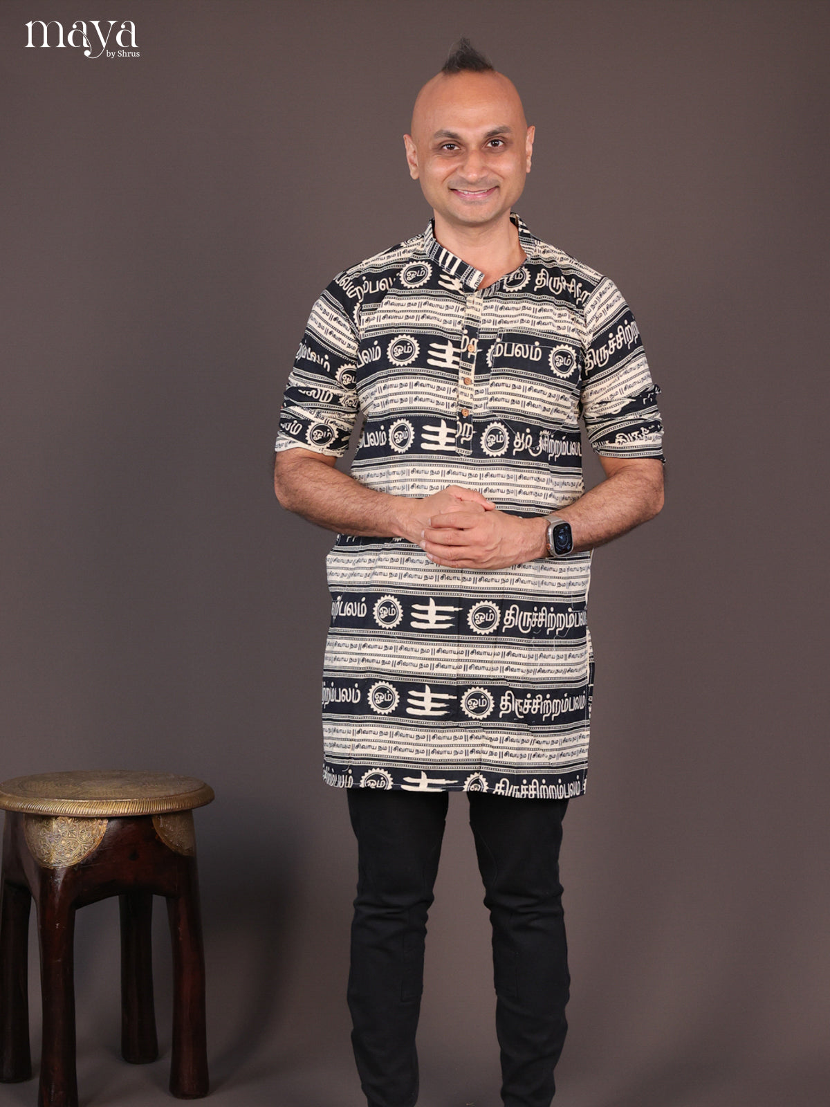 Cream Cotton Divine Printed Short Men Kurta