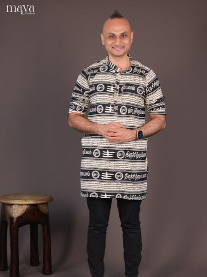 Cream Cotton Divine Printed Short Men Kurta