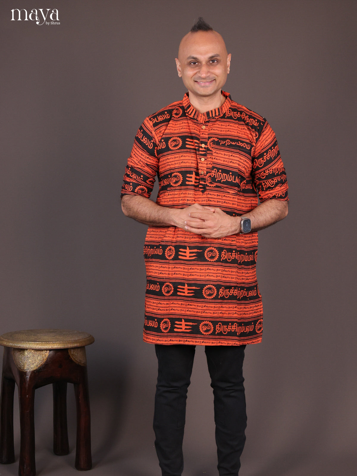 Orange Cotton Divine Printed Short Men Kurta